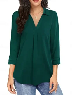 Women's Shirt Solid Color Elegant Stylish Basic 3/4 Length Sleeve V Neck Regular Tops Daily Black Wine Blue Green Spring Fall