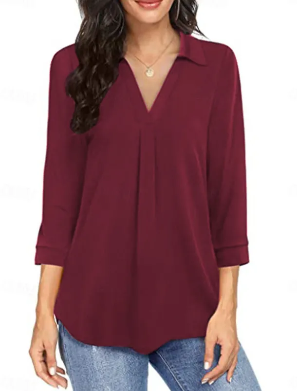 Women's Shirt Solid Color Elegant Stylish Basic 3/4 Length Sleeve V Neck Regular Tops Daily Black Wine Blue Green Spring Fall