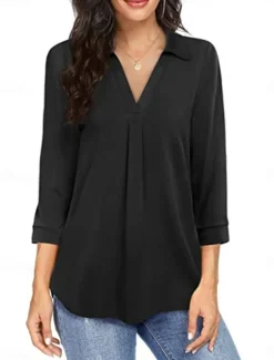 Women's Shirt Solid Color Elegant Stylish Basic 3/4 Length Sleeve V Neck Regular Tops Daily Black Wine Blue Green Spring Fall