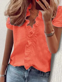 Women's Shirt Solid Color Plain Elegant Tropical Daily Short Sleeve V Neck Regular Tops Daily Holiday Beach Wear Ruffle White Orange Green Light Blue Summer Spring