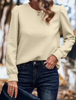 Women's Shirt Texture Sweatshirt Waffle Sweatshirt Solid Color Business Modern Long Sleeve Crew Neck Regular Tops Work Black Navy Blue Brown Beige Fall Winter