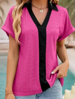 Women's Shirt Tunic Plain Short Sleeve V Neck Shirt Collar Work Daily Sage Green Pink Rose Pink Summer