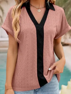 Women's Shirt Tunic Plain Short Sleeve V Neck Shirt Collar Work Daily Sage Green Pink Rose Pink Summer