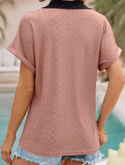 Women's Shirt Tunic Plain Short Sleeve V Neck Shirt Collar Work Daily Sage Green Pink Rose Pink Summer