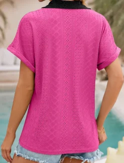 Women's Shirt Tunic Plain Short Sleeve V Neck Shirt Collar Work Daily Sage Green Pink Rose Pink Summer