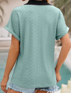 Women's Shirt Tunic Plain Short Sleeve V Neck Shirt Collar Work Daily Sage Green Pink Rose Pink Summer