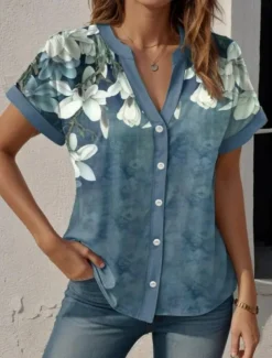 Women's Shirt V Neck Button Down Blouse Floral Graphic Stylish Beach Short Sleeve Shirt Collar Regular Tops Daily Buttons Print Blue Summer Spring