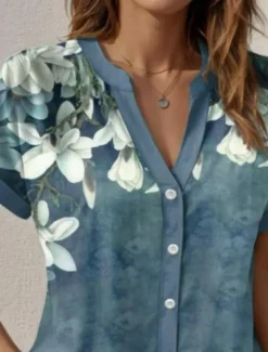 Women's Shirt V Neck Button Down Blouse Floral Graphic Stylish Beach Short Sleeve Shirt Collar Regular Tops Daily Buttons Print Blue Summer Spring