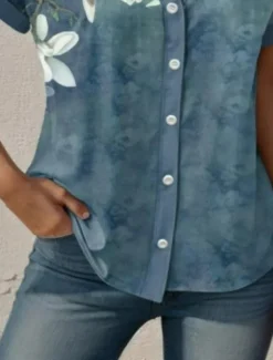 Women's Shirt V Neck Button Down Blouse Floral Graphic Stylish Beach Short Sleeve Shirt Collar Regular Tops Daily Buttons Print Blue Summer Spring