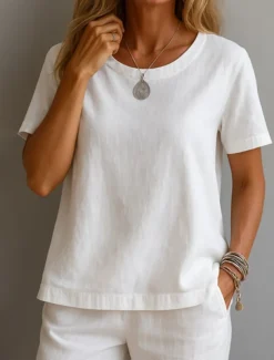 Women's Shirt White Cotton Top Solid Color Elegant Vintage Basic Short Sleeve Crew Neck Regular Tops Daily Going out Weekend White Yellow Pink Purple Green Summer Spring