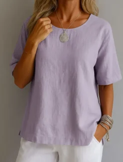 Women's Shirt White Cotton Top Solid Color Elegant Vintage Basic Short Sleeve Crew Neck Regular Tops Daily Going out Weekend White Yellow Pink Purple Green Summer Spring