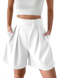 Women's Shorts Baggy Pants Chinos Shorts Fashion Streetwear Basic Knee Length High Waist Plain Pocket Elastic Waistband Comfy Soft Comfortable Micro-elastic Outdoor Street Black White Red Brown