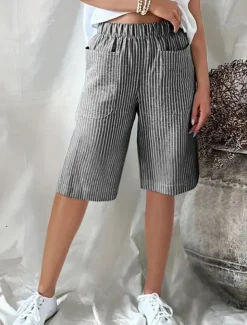 Women's Shorts Casual Daily Knee Length Striped Pocket Elastic Waistband Breathability Comfortable Inelastic Going out Weekend Black Yellow Pink Navy Blue Summer Regular Fit