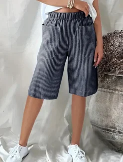 Women's Shorts Casual Daily Knee Length Striped Pocket Elastic Waistband Breathability Comfortable Inelastic Going out Weekend Black Yellow Pink Navy Blue Summer Regular Fit