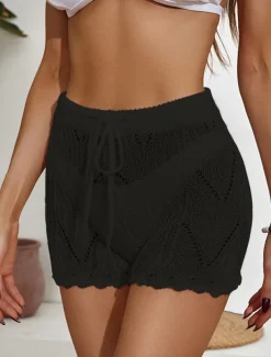 Women's Shorts Casual Short Plain Drawstring Cut Out Crochet Breathability Comfortable Micro-elastic Beach Weekend Black White Khaki Summer Regular Fit