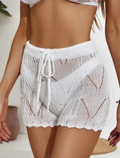 Women's Shorts Casual Short Plain Drawstring Cut Out Crochet Breathability Comfortable Micro-elastic Beach Weekend Black White Khaki Summer Regular Fit