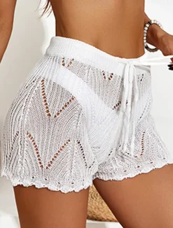 Women's Shorts Casual Short Plain Drawstring Cut Out Crochet Breathability Comfortable Micro-elastic Beach Weekend Black White Khaki Summer Regular Fit