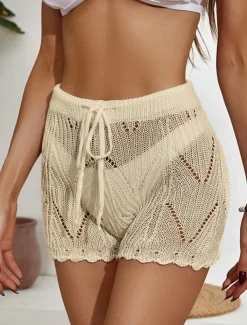 Women's Shorts Casual Short Plain Drawstring Cut Out Crochet Breathability Comfortable Micro-elastic Beach Weekend Black White Khaki Summer Regular Fit