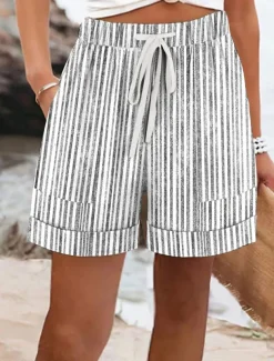 Women's Shorts Chinos Vacation Basic Casual Short Mid Waist Striped Elastic Waist Vacation Street Causal Ash Violet Robin's Egg Blue Red Summer Spring Regular Fit