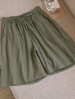 Women's Shorts Cotton And Linen Side Pockets Plain Short White Summer