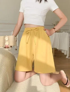 Women's Shorts Cotton And Linen Side Pockets Plain Short White Summer