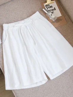 Women's Shorts Cotton And Linen Side Pockets Plain Short White Summer
