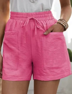 Women's Shorts Slacks Active Simple Casual Short High Waist Plain Pocket Drawstring Elastic Waist Breathability Soft Comfortable Micro-elastic Vacation Casual Daily Weekend Black White Yellow Pink