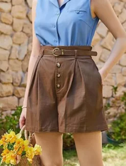 Women's Shorts Slacks Fashion Short Natural Plain Pocket Buckle Outdoor Comfortable Holiday Going out Apricot Black White Ginger Summer Regular Fit