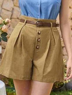 Women's Shorts Slacks Fashion Short Natural Plain Pocket Buckle Outdoor Comfortable Holiday Going out Apricot Black White Ginger Summer Regular Fit
