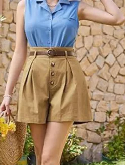 Women's Shorts Slacks Fashion Short Natural Plain Pocket Buckle Outdoor Comfortable Holiday Going out Apricot Black White Ginger Summer Regular Fit