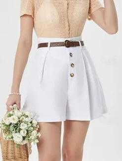 Women's Shorts Slacks Fashion Short Natural Plain Pocket Buckle Outdoor Comfortable Holiday Going out Apricot Black White Ginger Summer Regular Fit