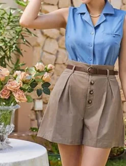 Women's Shorts Slacks Fashion Short Natural Plain Pocket Buckle Outdoor Comfortable Holiday Going out Apricot Black White Ginger Summer Regular Fit