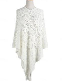 Women's Shrug Casual Soft Pure Color Crochet V Neck Hollow Out Tassel Knitted Long Sleeve Regular Tops Knit Outdoor Daily Weekend White Khaki Fall Winter