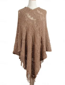 Women's Shrug Casual Soft Pure Color Crochet V Neck Hollow Out Tassel Knitted Long Sleeve Regular Tops Knit Outdoor Daily Weekend White Khaki Fall Winter