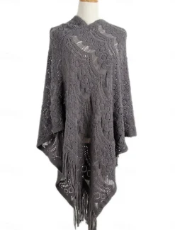 Women's Shrug Casual Soft Pure Color Crochet V Neck Hollow Out Tassel Knitted Long Sleeve Regular Tops Knit Outdoor Daily Weekend White Khaki Fall Winter