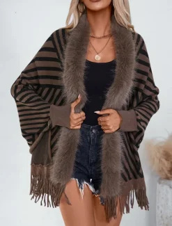 Women's Shrug Casual Soft Striped Ribbed Crew Neck Knitted Faux Fur Trim Long Sleeve Regular Tops Knit Outdoor Daily Weekend Wine Apricot Fall Winter