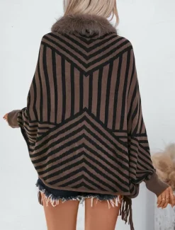 Women's Shrug Casual Soft Striped Ribbed Crew Neck Knitted Faux Fur Trim Long Sleeve Regular Tops Knit Outdoor Daily Weekend Wine Apricot Fall Winter