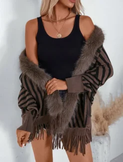 Women's Shrug Casual Soft Striped Ribbed Crew Neck Knitted Faux Fur Trim Long Sleeve Regular Tops Knit Outdoor Daily Weekend Wine Apricot Fall Winter