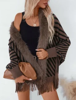 Women's Shrug Casual Soft Striped Ribbed Crew Neck Knitted Faux Fur Trim Long Sleeve Regular Tops Knit Outdoor Daily Weekend Wine Apricot Fall Winter