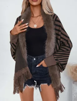 Women's Shrug Casual Soft Striped Ribbed Crew Neck Knitted Faux Fur Trim Long Sleeve Regular Tops Knit Outdoor Daily Weekend Wine Apricot Fall Winter