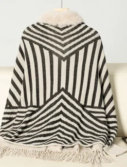 Women's Shrug Casual Soft Striped Ribbed Crew Neck Knitted Faux Fur Trim Long Sleeve Regular Tops Knit Outdoor Daily Weekend Wine Apricot Fall Winter