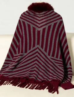 Women's Shrug Casual Soft Striped Ribbed Crew Neck Knitted Faux Fur Trim Long Sleeve Regular Tops Knit Outdoor Daily Weekend Wine Apricot Fall Winter