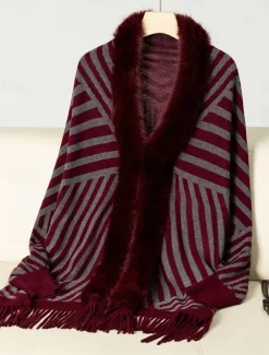 Women's Shrug Casual Soft Striped Ribbed Crew Neck Knitted Faux Fur Trim Long Sleeve Regular Tops Knit Outdoor Daily Weekend Wine Apricot Fall Winter