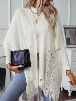 Women's Shrug Stylish Casual Solid Color Ribbed Open Front Tassel Knitted Sleeveless Regular Tops Knit Outdoor Daily White Khaki Fall Winter