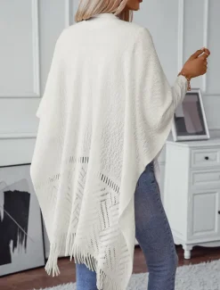 Women's Shrug Stylish Casual Solid Color Ribbed Open Front Tassel Knitted Sleeveless Regular Tops Knit Outdoor Daily White Khaki Fall Winter