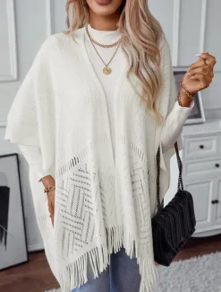 Women's Shrug Stylish Casual Solid Color Ribbed Open Front Tassel Knitted Sleeveless Regular Tops Knit Outdoor Daily White Khaki Fall Winter