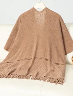 Women's Shrug Stylish Casual Solid Color Ribbed Open Front Tassel Knitted Sleeveless Regular Tops Knit Outdoor Daily White Khaki Fall Winter