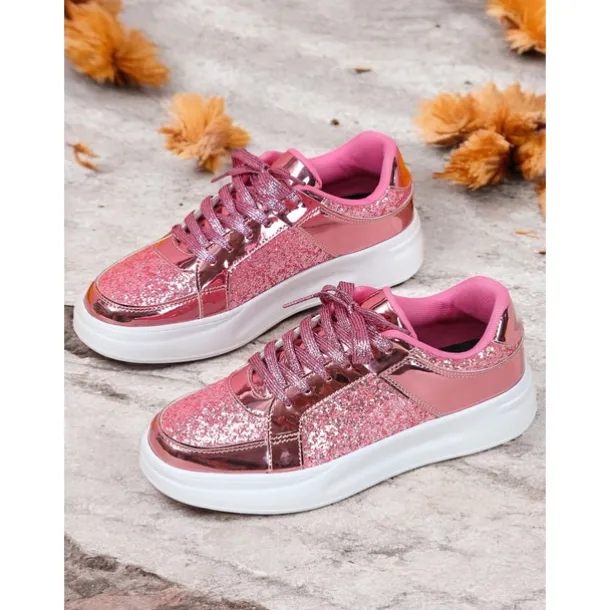 Women's Silver Glitter and Metallic Sneakers – Trendy Lace-Up Shoes for Parties and Casual Wear