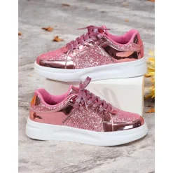 Women's Silver Glitter and Metallic Sneakers – Trendy Lace-Up Shoes for Parties and Casual Wear