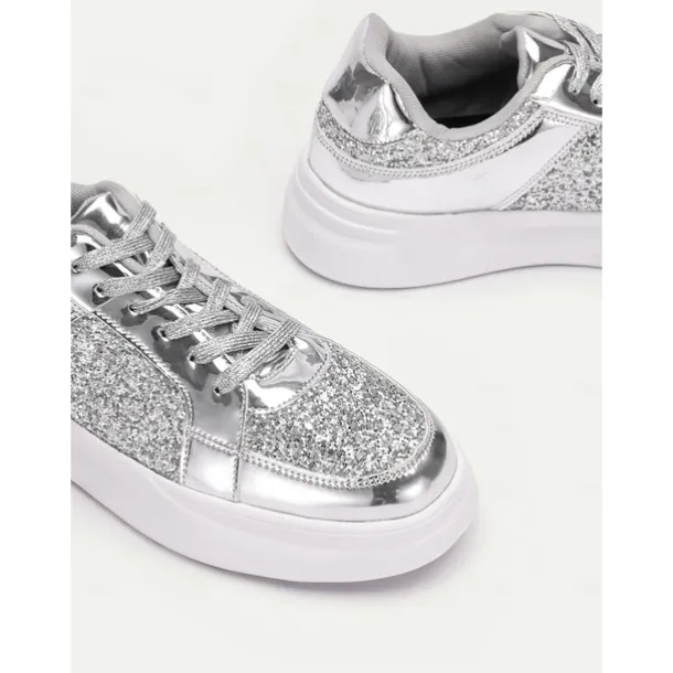 Women's Silver Glitter and Metallic Sneakers – Trendy Lace-Up Shoes for Parties and Casual Wear